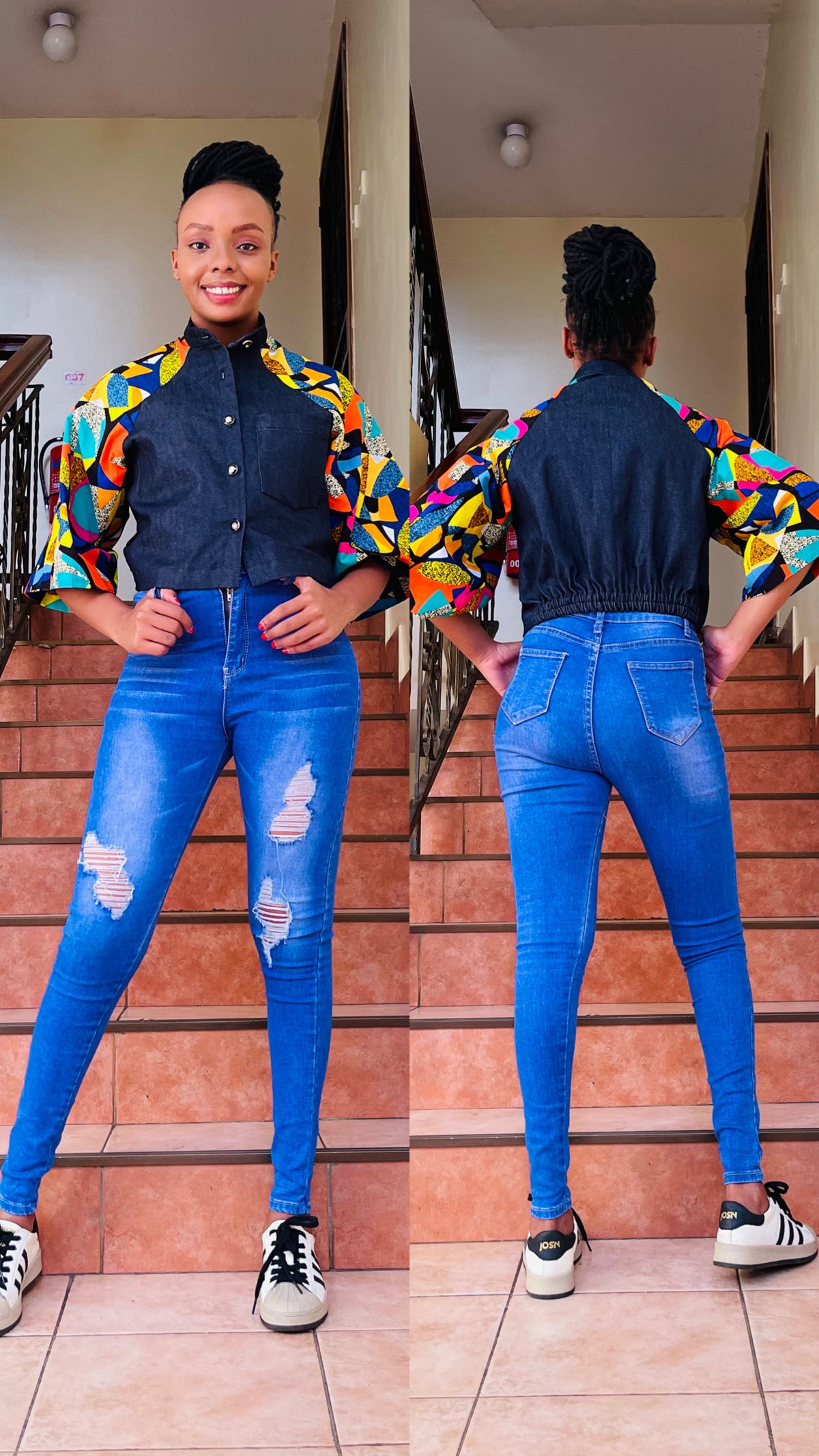 Luna - African Print and Denim Cropped Jacket