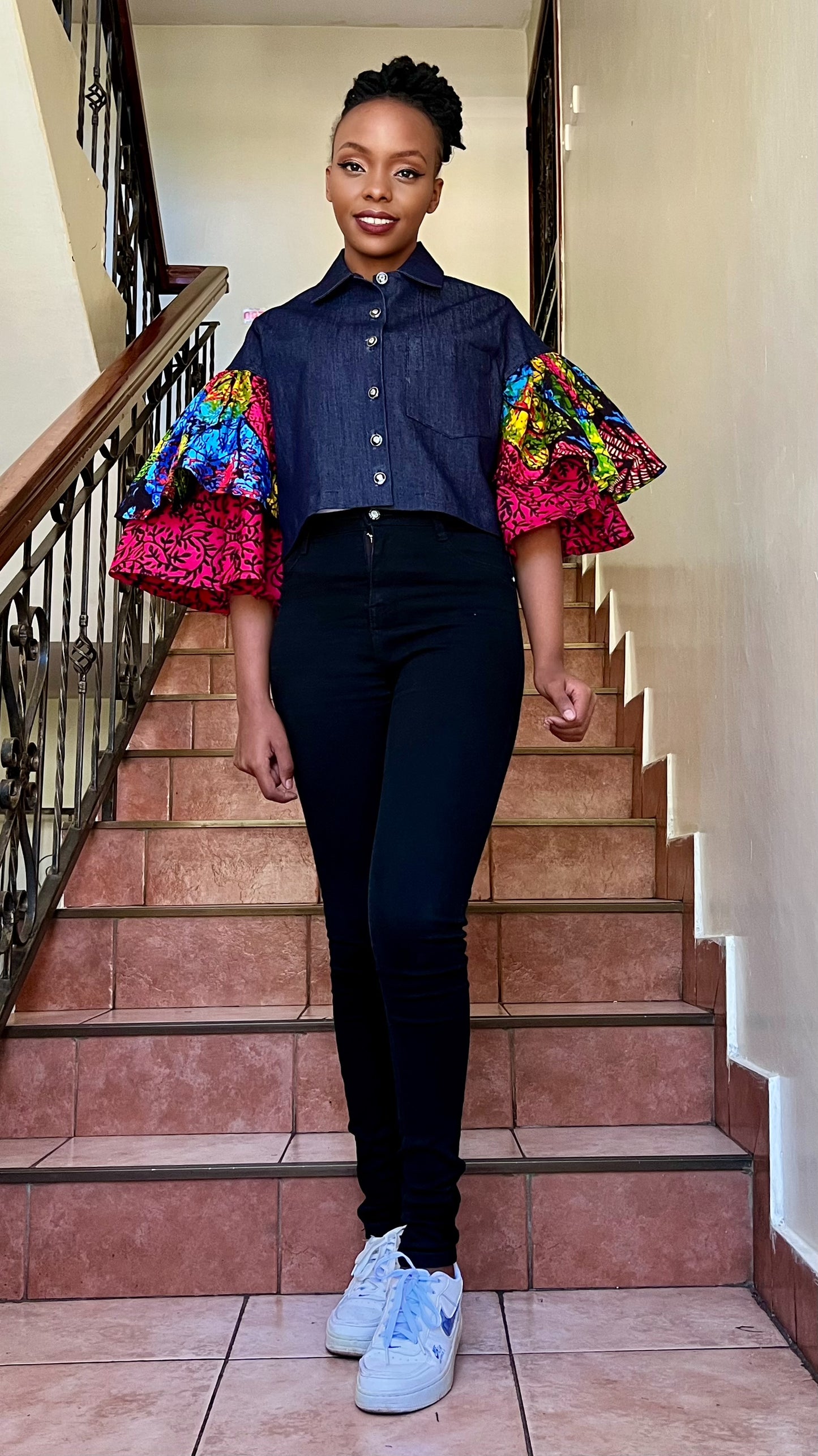 Minnie - African Print and Denim Cropped Jacket