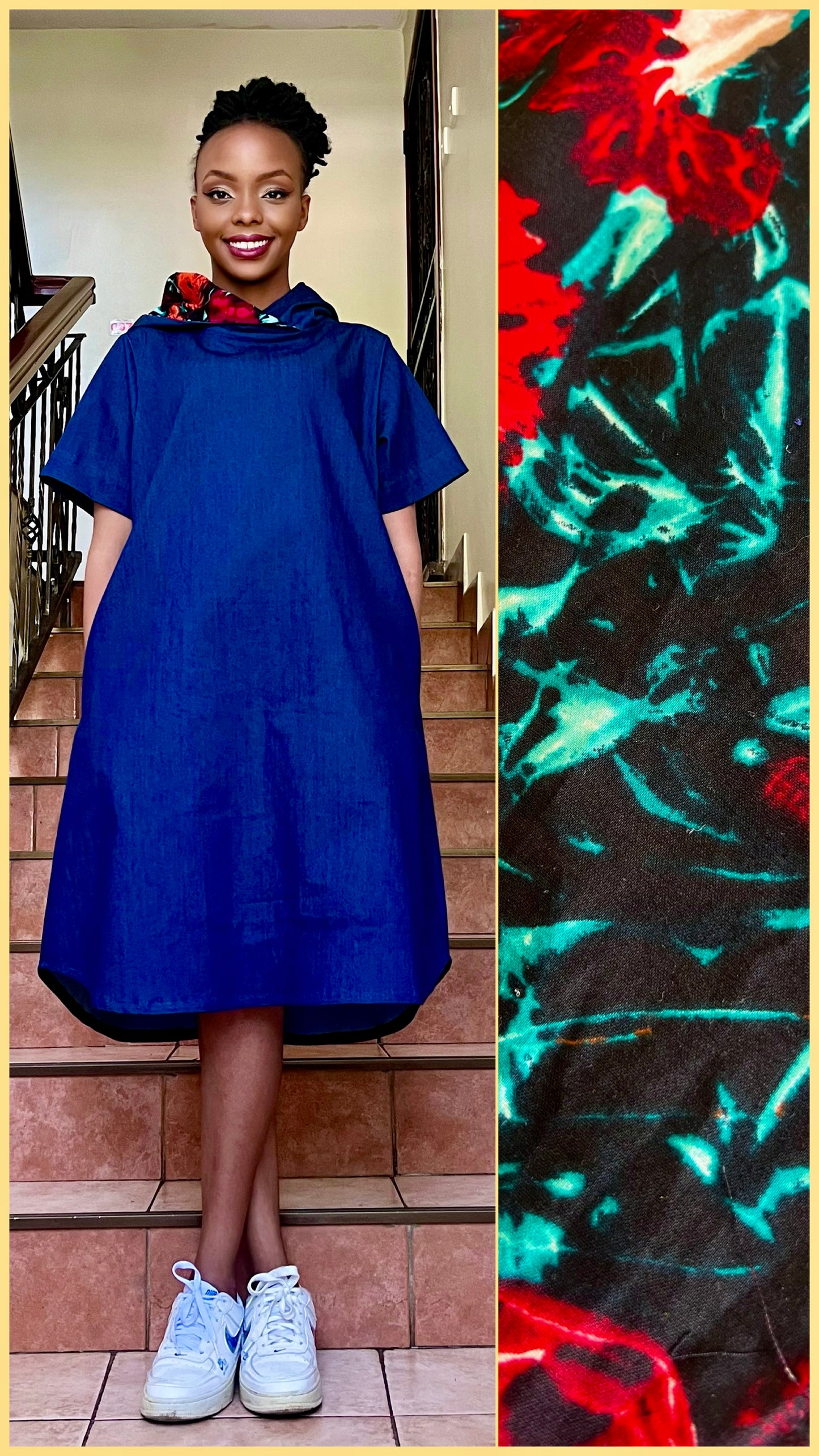 Dana - African print and denim hoodie dress