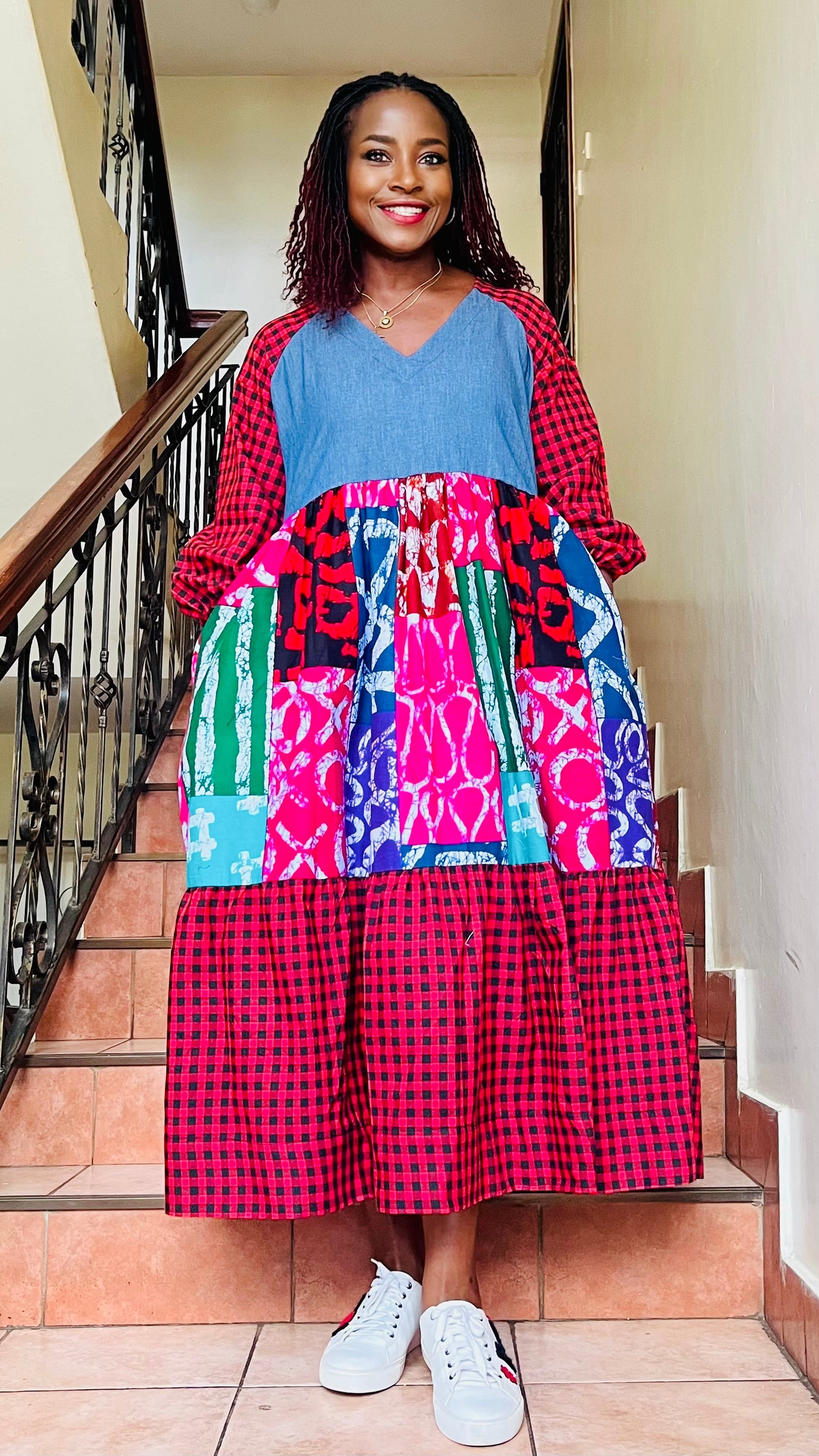 Gigi - African Print, Denim and Gingham mix dress