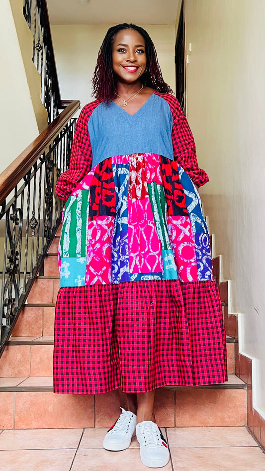 Gigi - African Print, Denim and Gingham mix dress