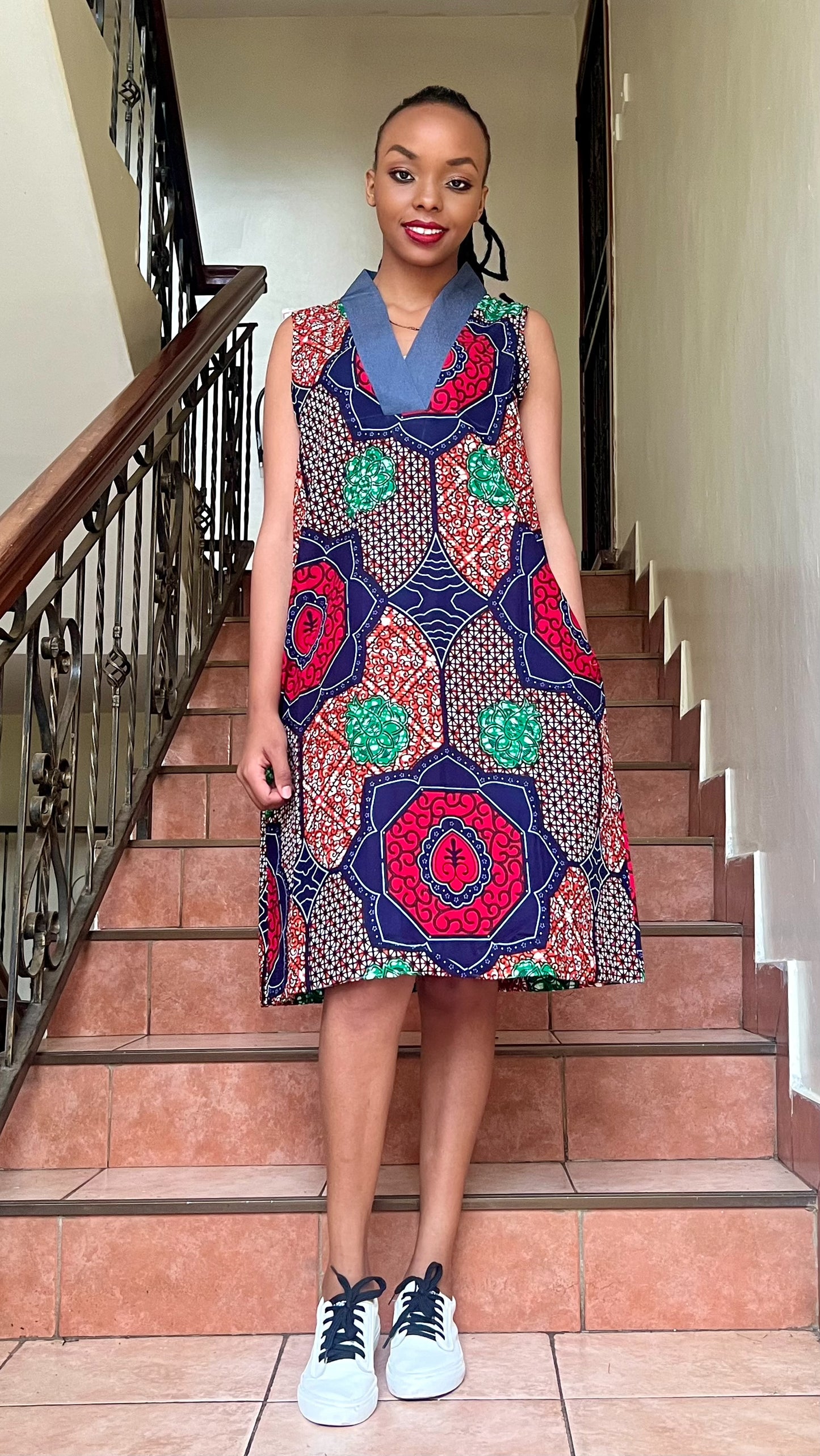 Evvie - African Print and Denim mix (Denkara) Dress