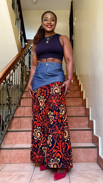 Hasani - African print and denim mix skirt (denkara)
