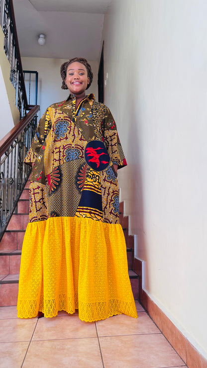 Elissa - African Print and Lace Shirt Dress