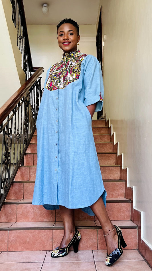 Xena - Linen and African Print shirt dress