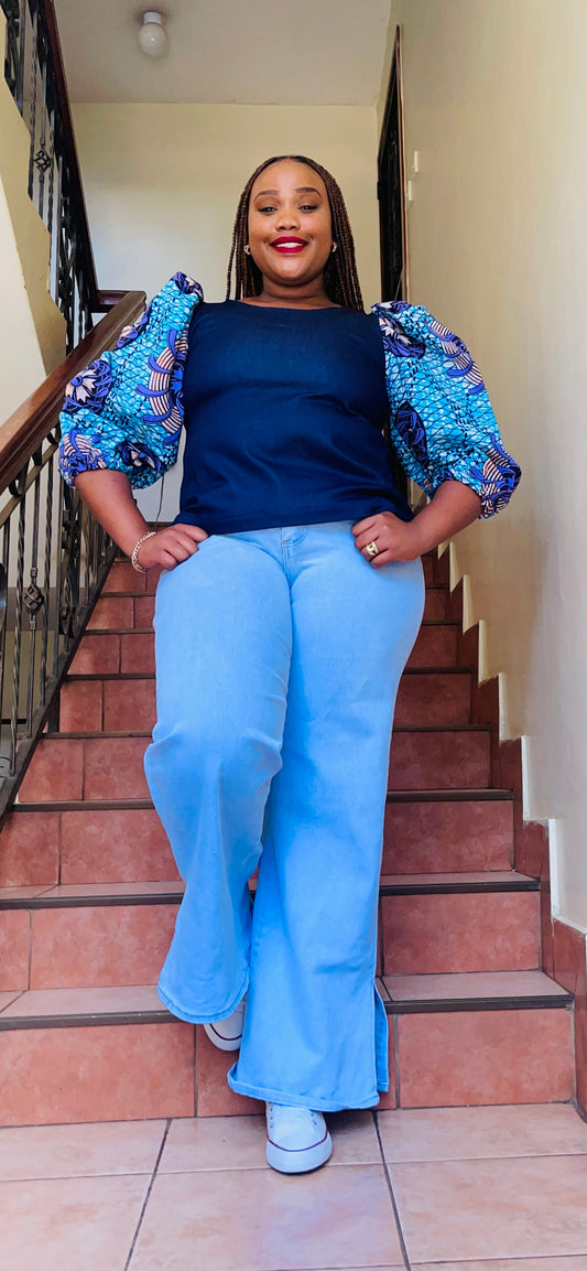 Asali - Denim mix with ankara puff sleeves