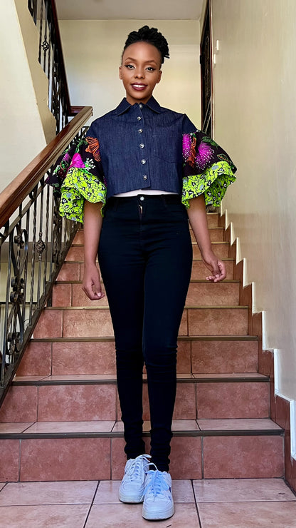 Minnie - African Print and Denim Cropped Jacket