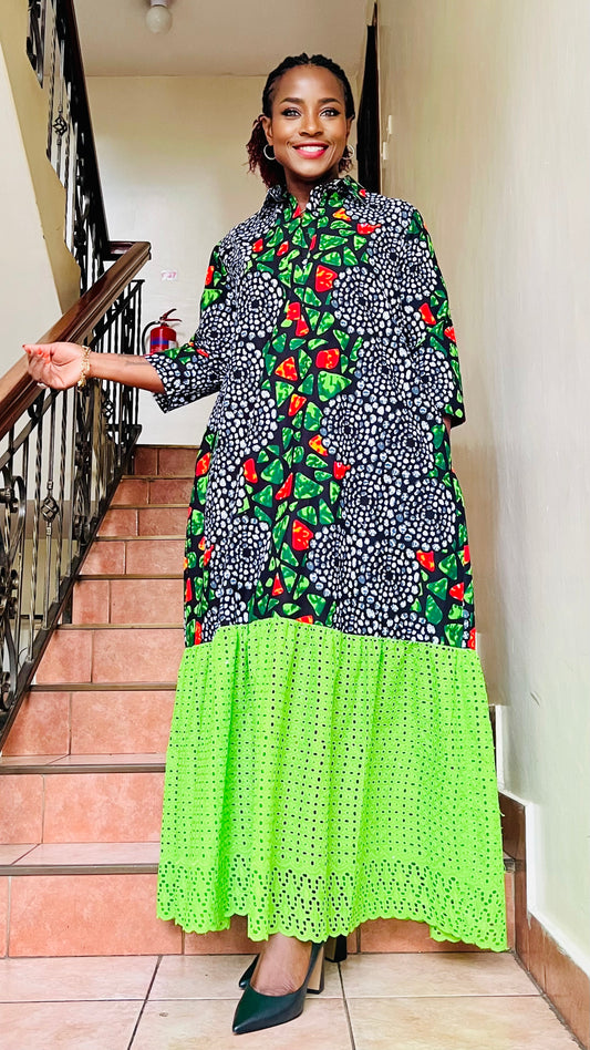 Elissa - African Print and Lace Shirt Dress