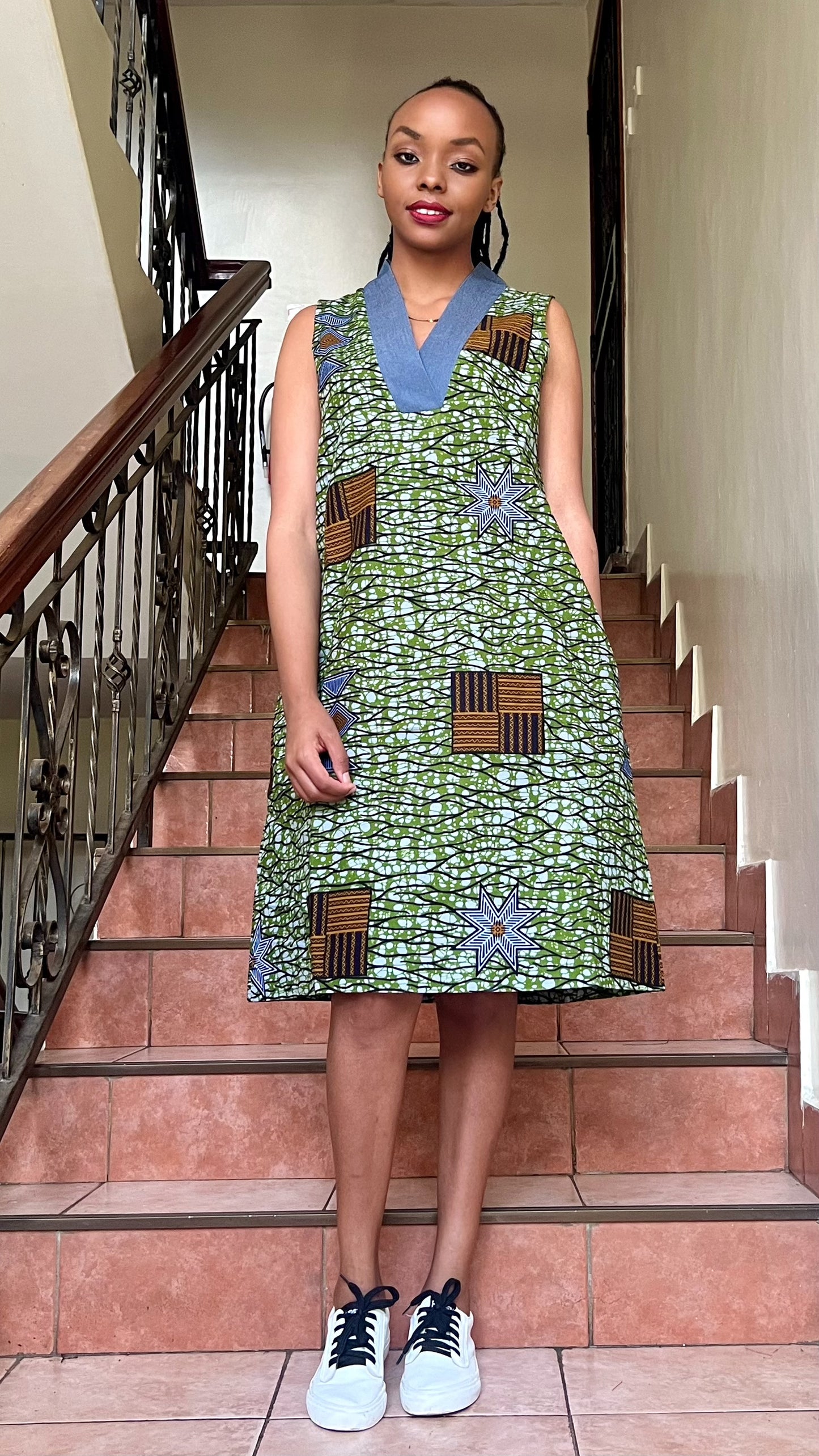 Evvie - African Print and Denim mix (Denkara) Dress