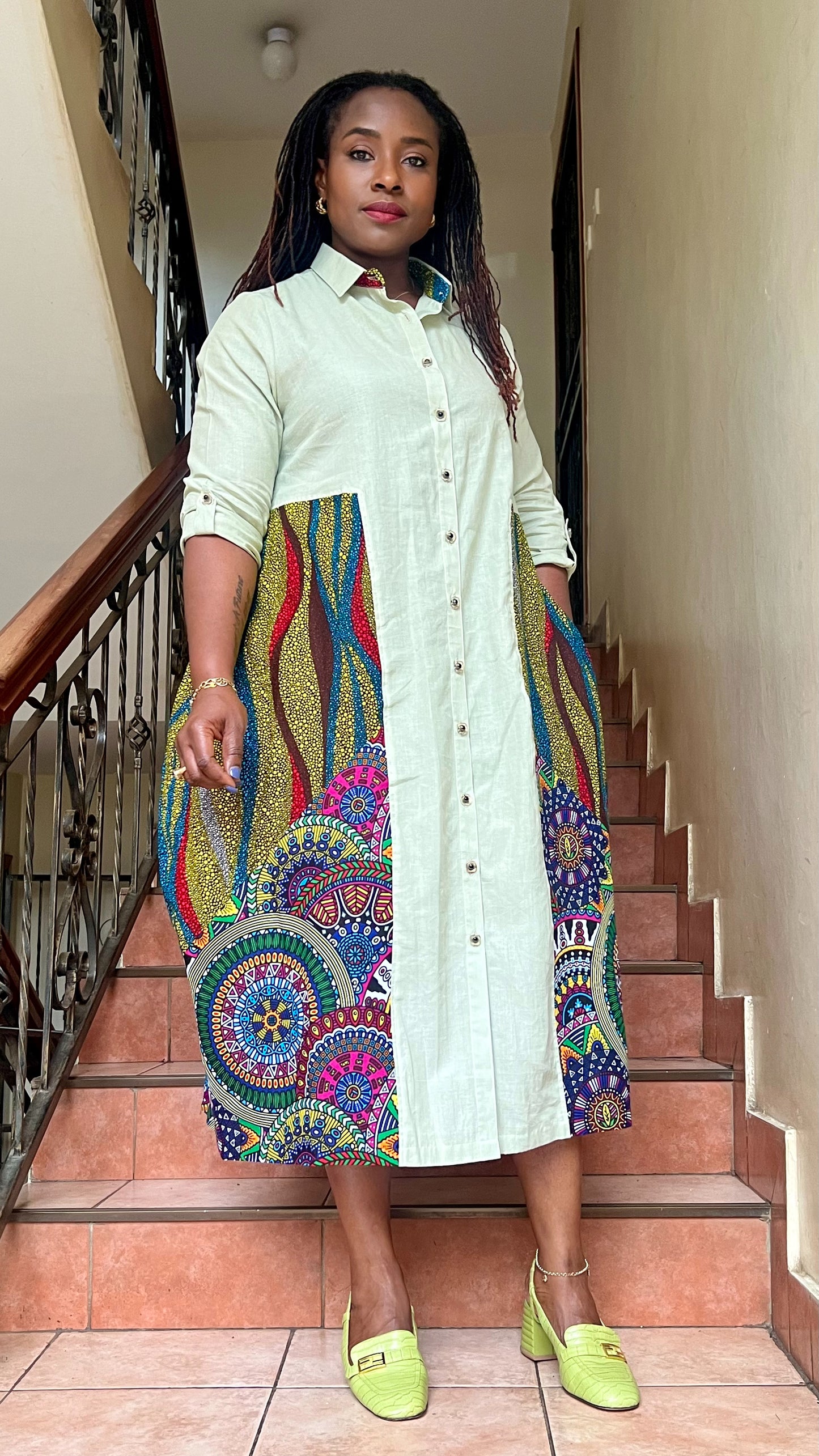 Xandra - Linen and African print mix dress