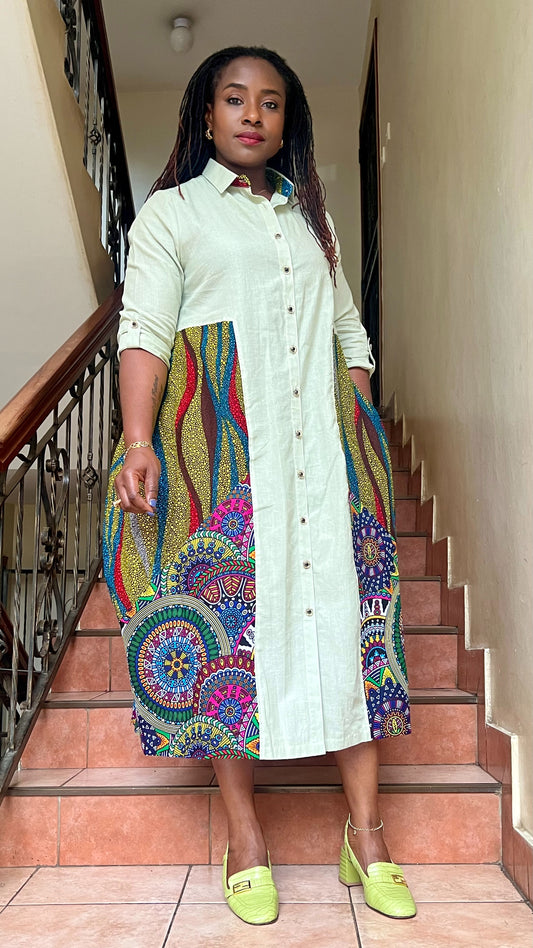 Xandra - Linen and African print mix dress