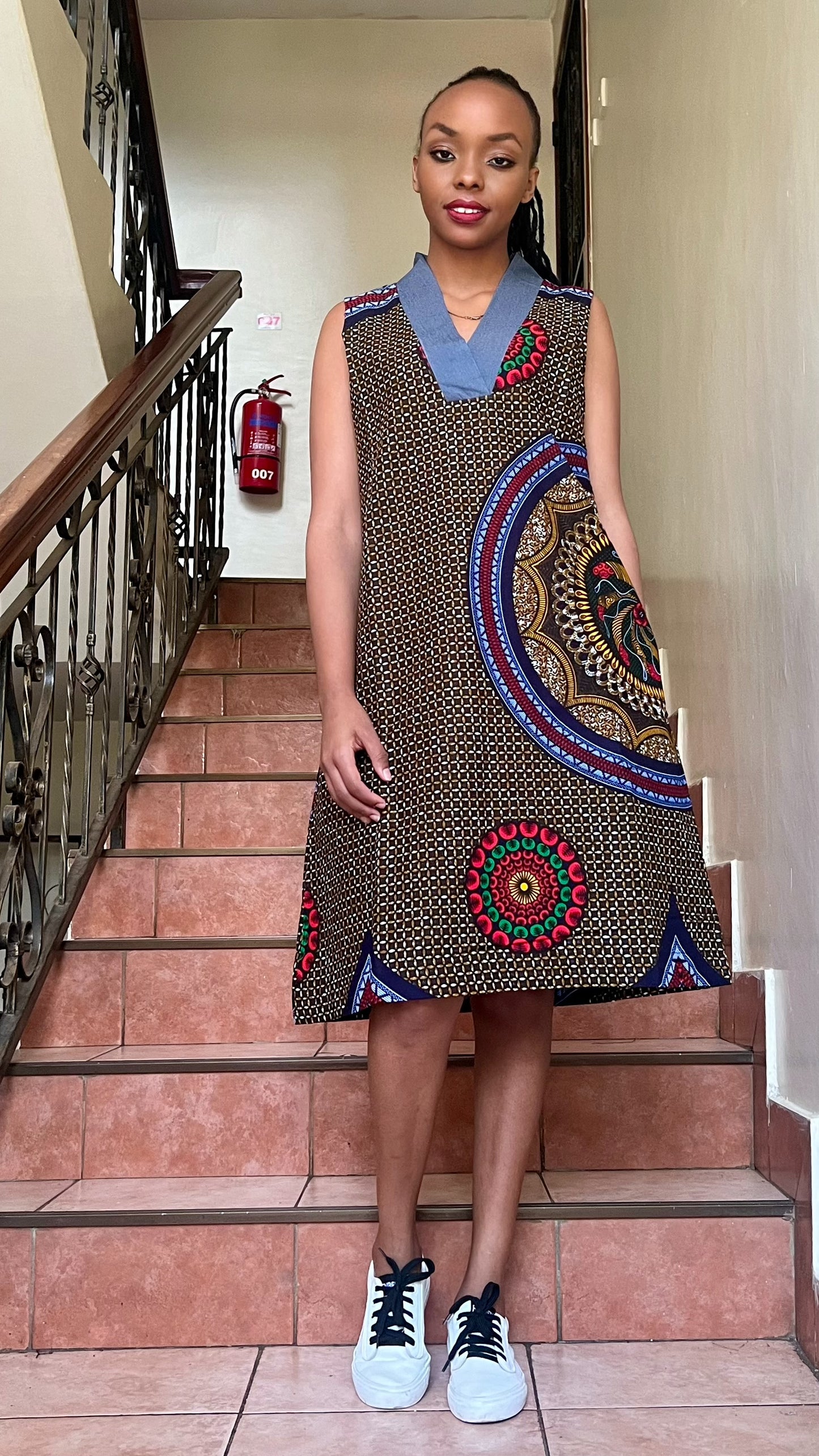 Evvie - African Print and Denim mix (Denkara) Dress