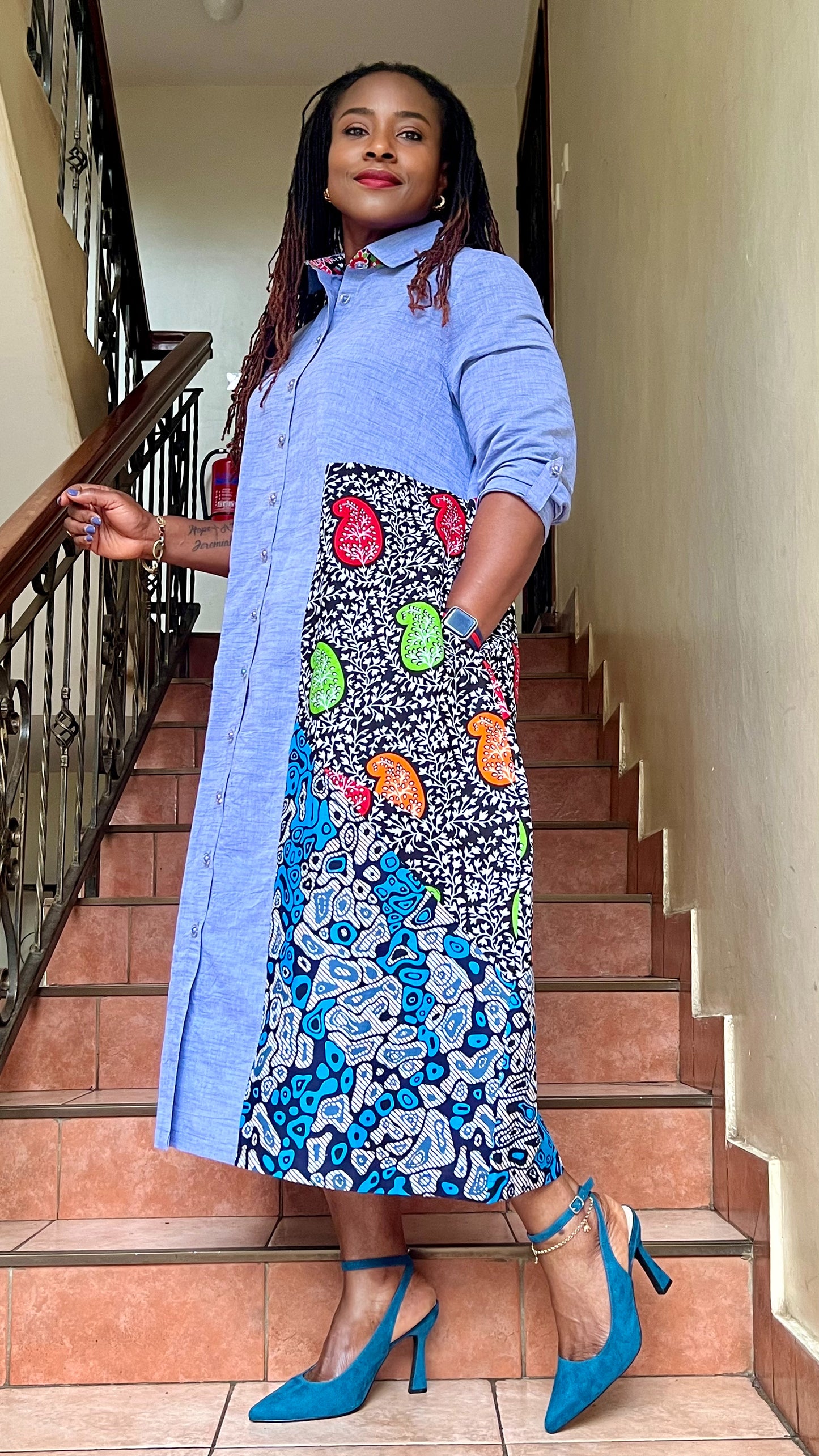 Xandra - Linen and African print mix dress