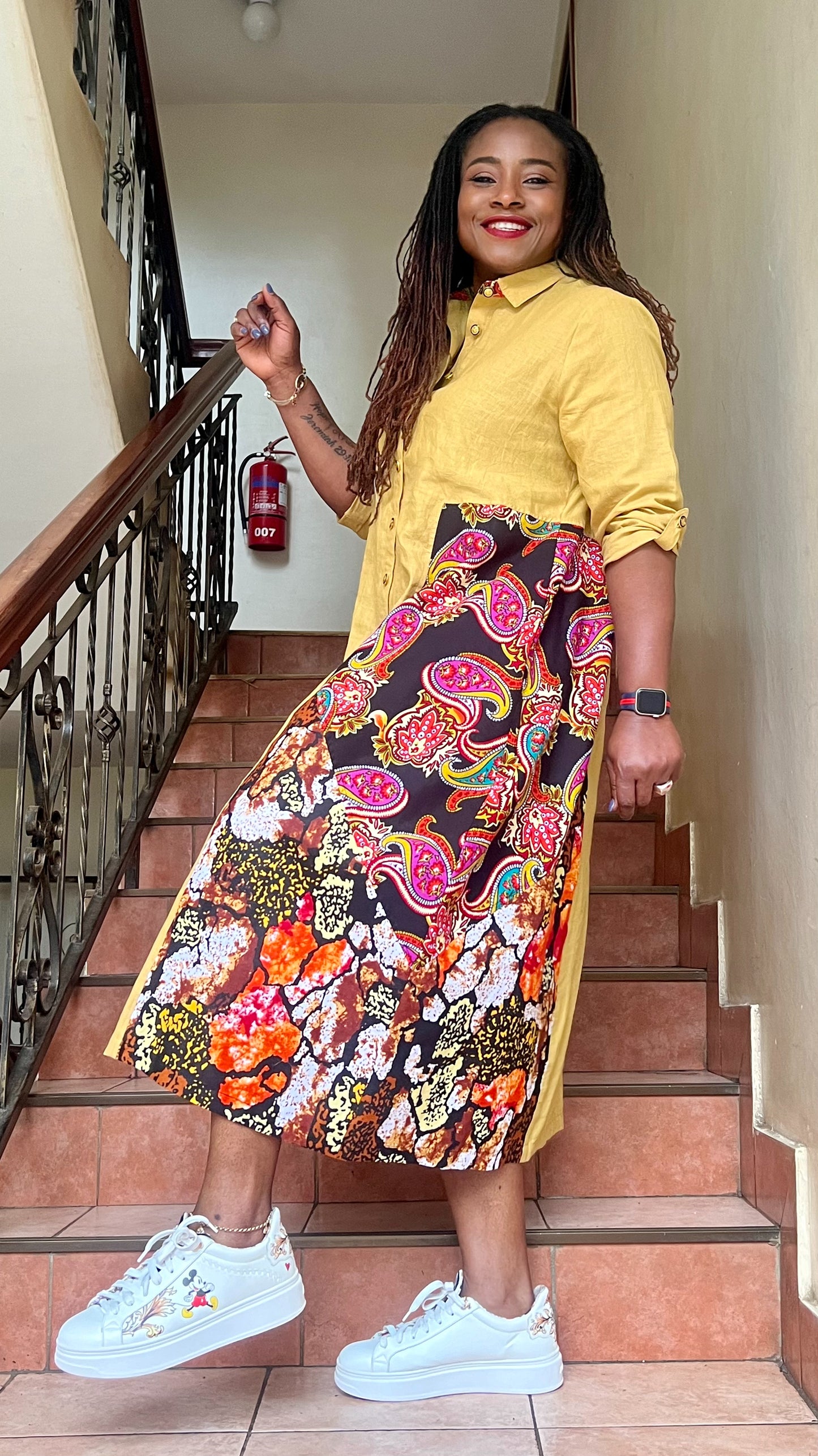 Xandra - Linen and African print mix dress