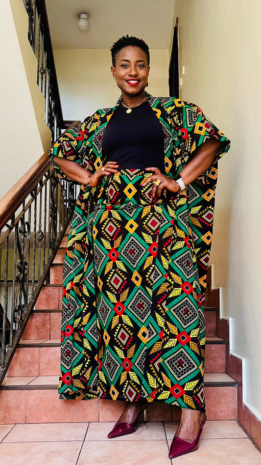 African Print Kimono and Skirt Set