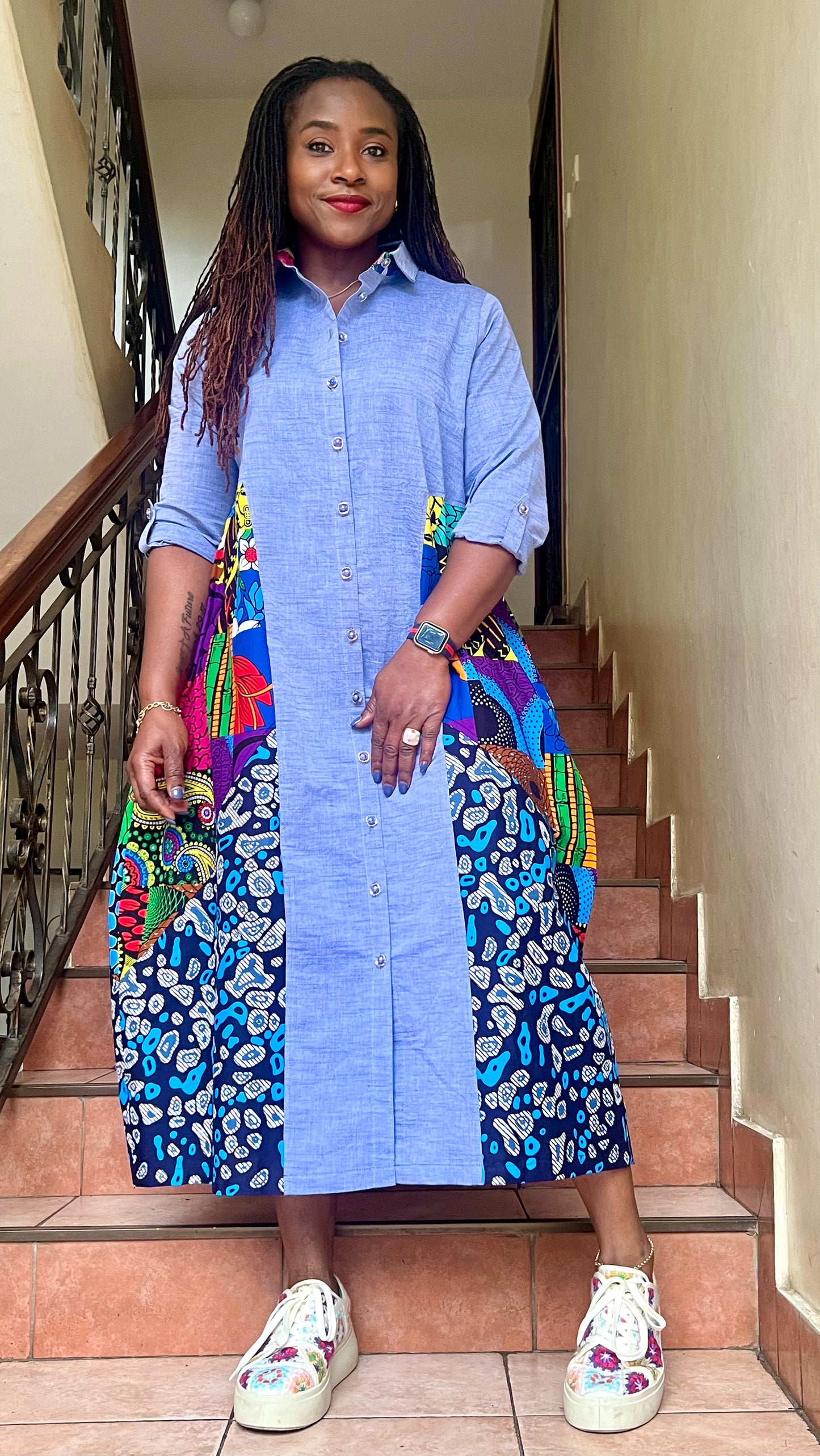 Xandra - Linen and African print mix dress