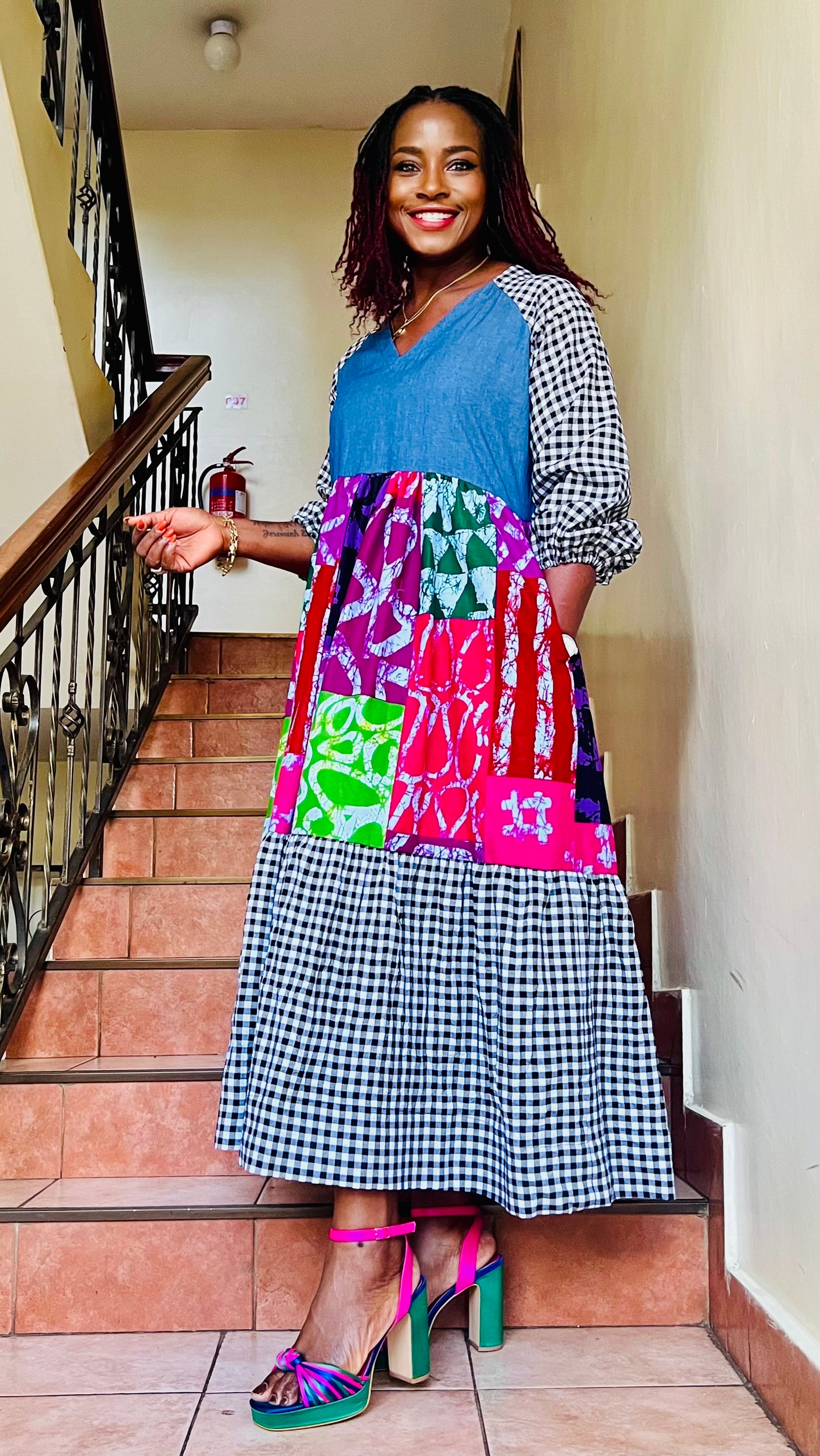 Gigi - African Print, Denim and Gingham mix dress