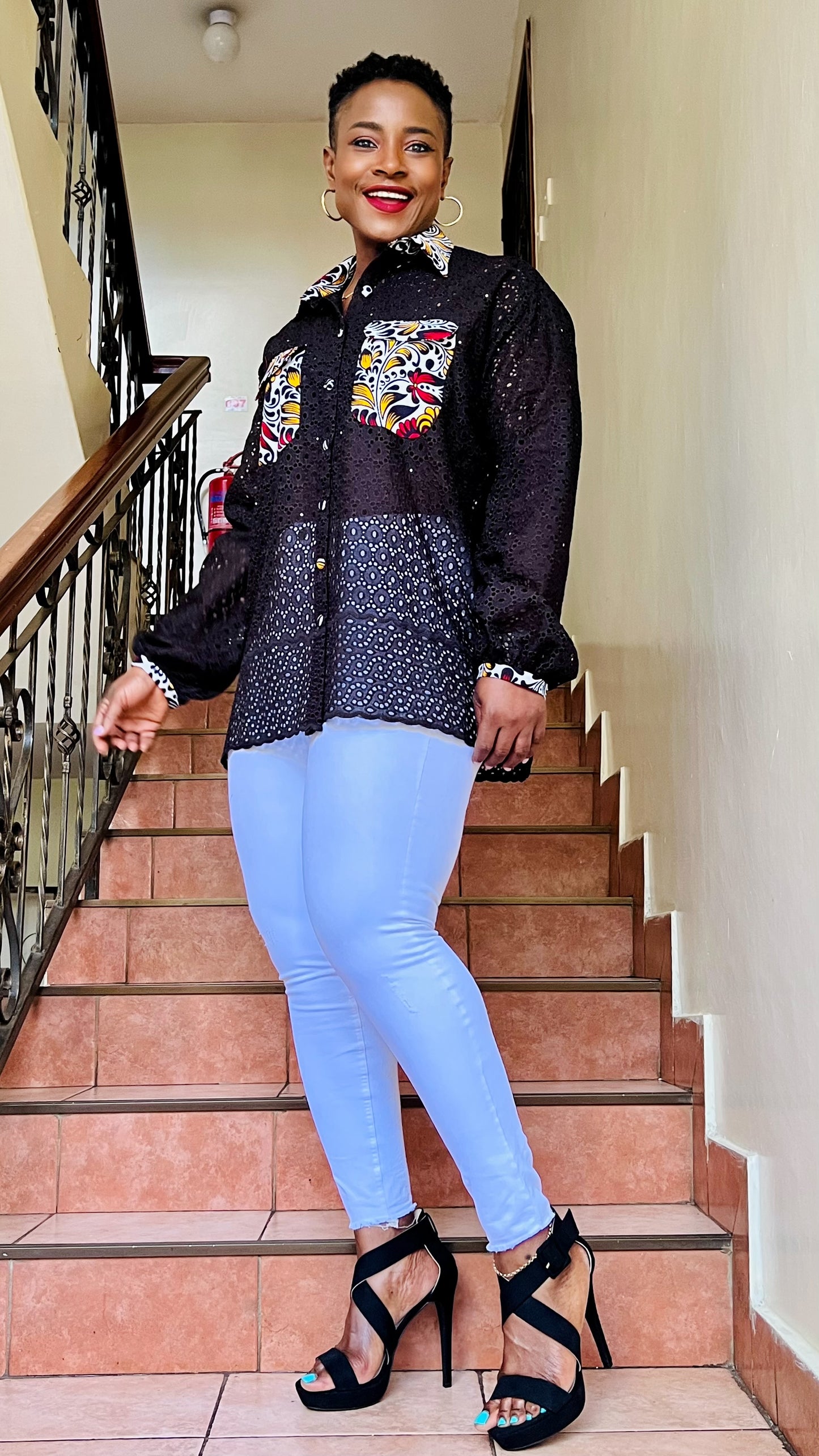 Ese - African Print and Lace mix Ladies Shirt