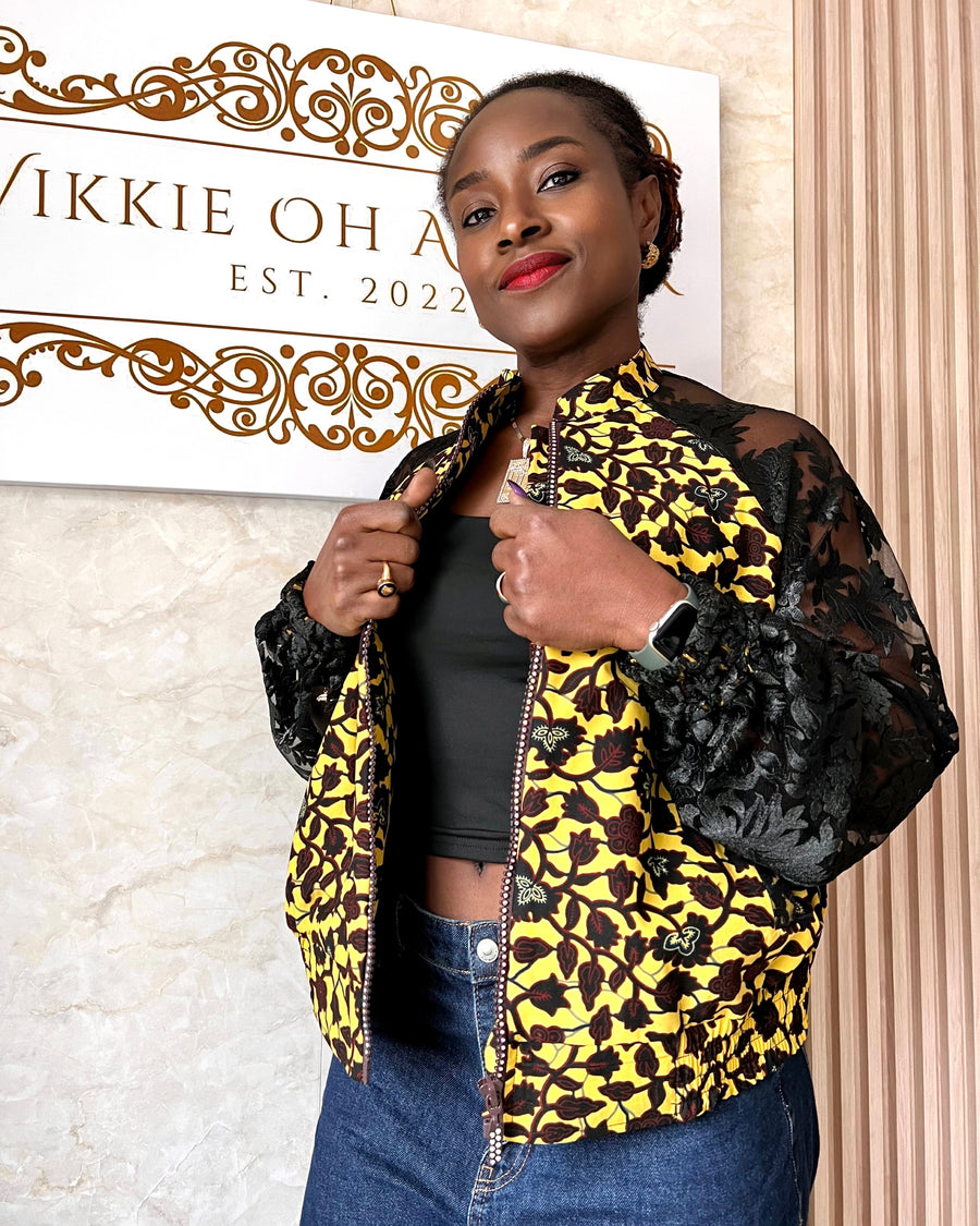 Yola Lenkara bomber jacket, lace and African print mix, by Vikkie Oh Atelier