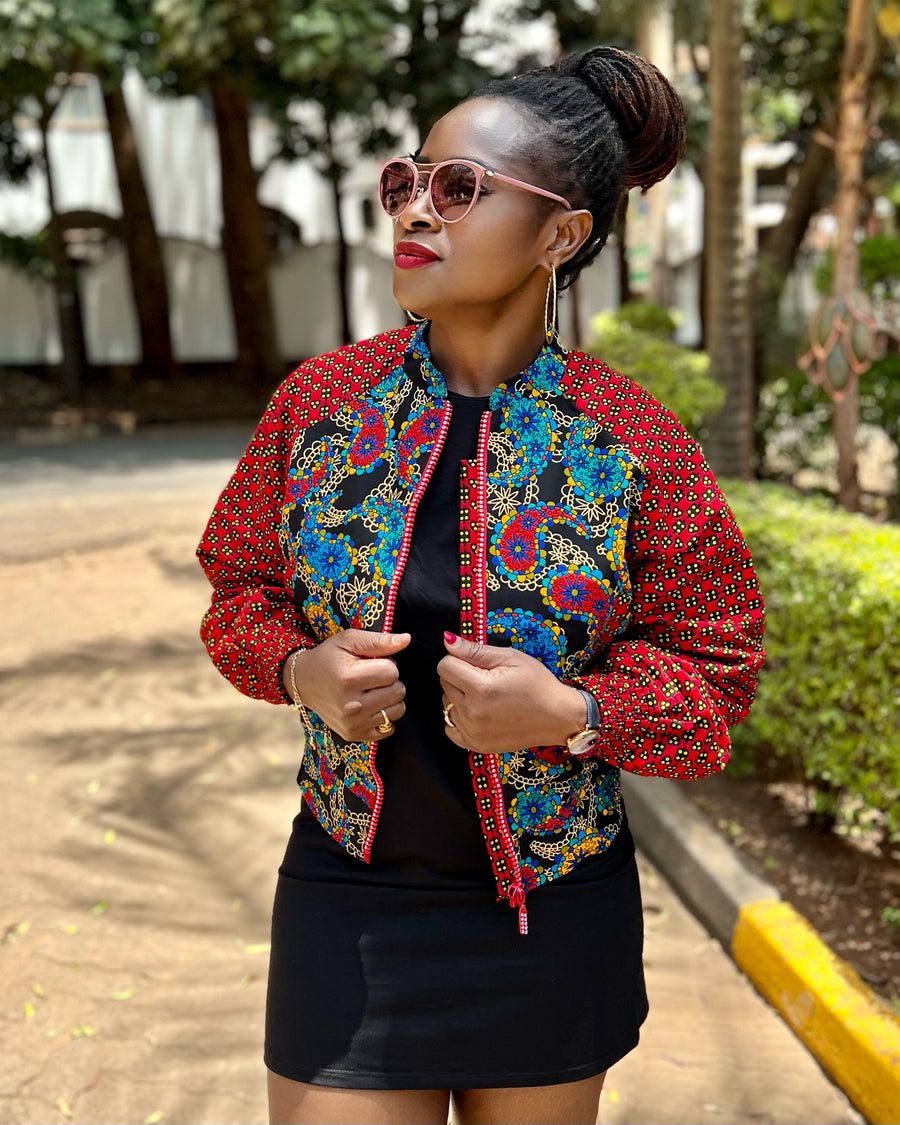 Midnight African print mix bomber jacket by Vikkie Oh Atelier